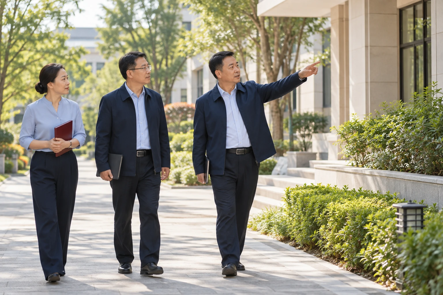 党校后勤工作人员在整洁校园步道巡查教学与住宿设施,日光自然,业务场景示意