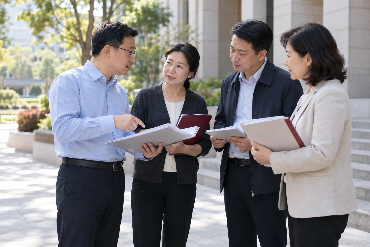 学校教务和后勤负责人在校园建筑前讨论工作安排,手中资料册,日间自然光,业务场景示意