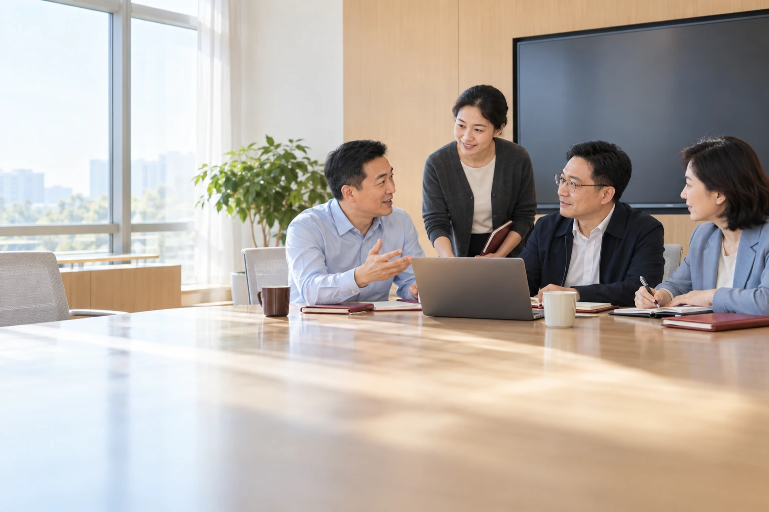 党校管理人员在明亮会议室围绕校情交流,墙面屏幕不显示任何可读图表,人物自然专业,业务场景示意