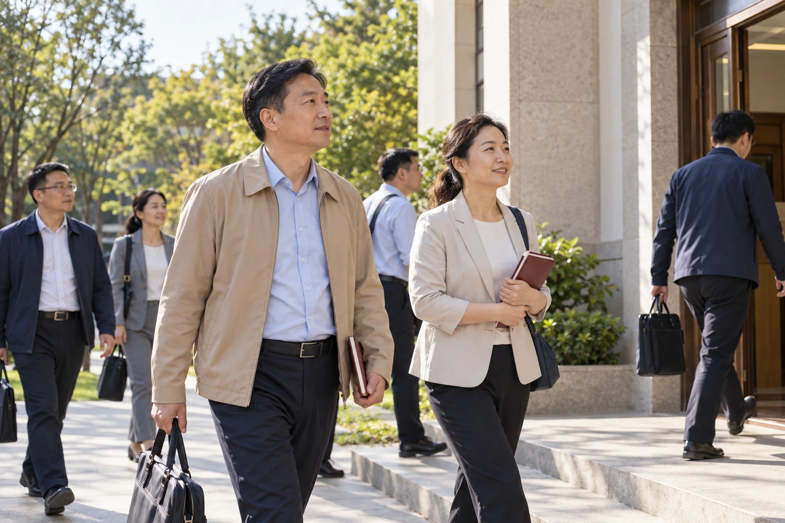 成年学员在党校校园有序前往课堂,侧面群体日常摄影,阳光温和,业务场景示意
