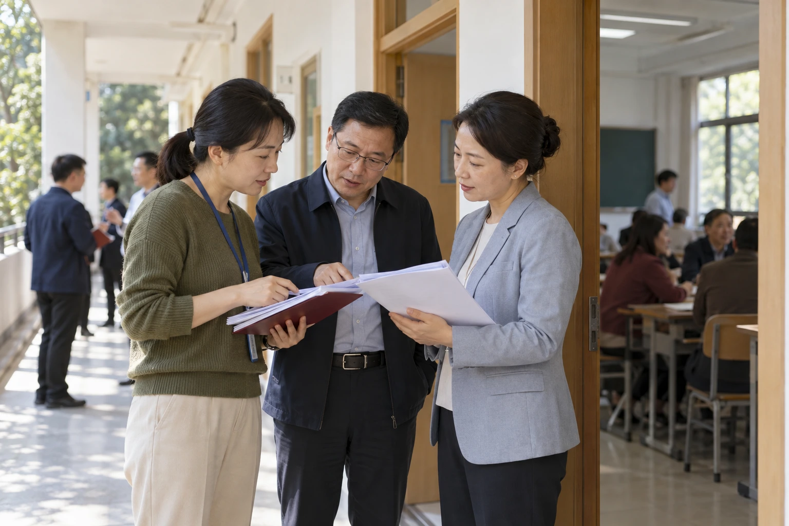 班主任和教师在校园教室外共同核对课程安排资料,成人学员背景自然,业务场景示意