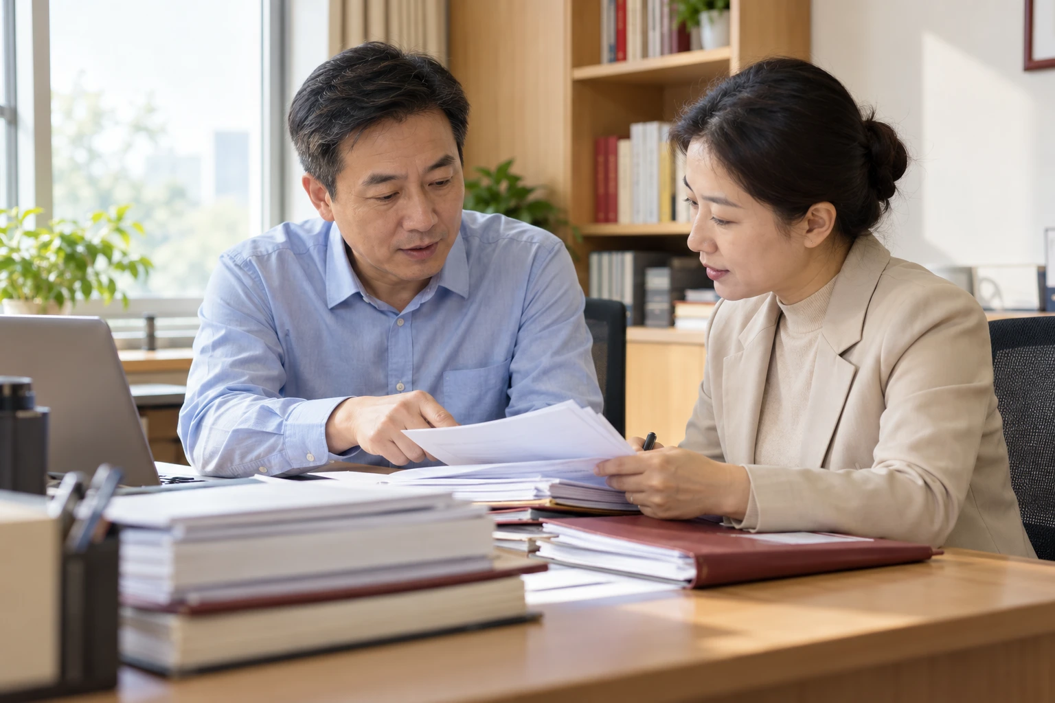 教职工在安静办公室与人事人员交流年度工作资料,真实自然光,业务场景示意