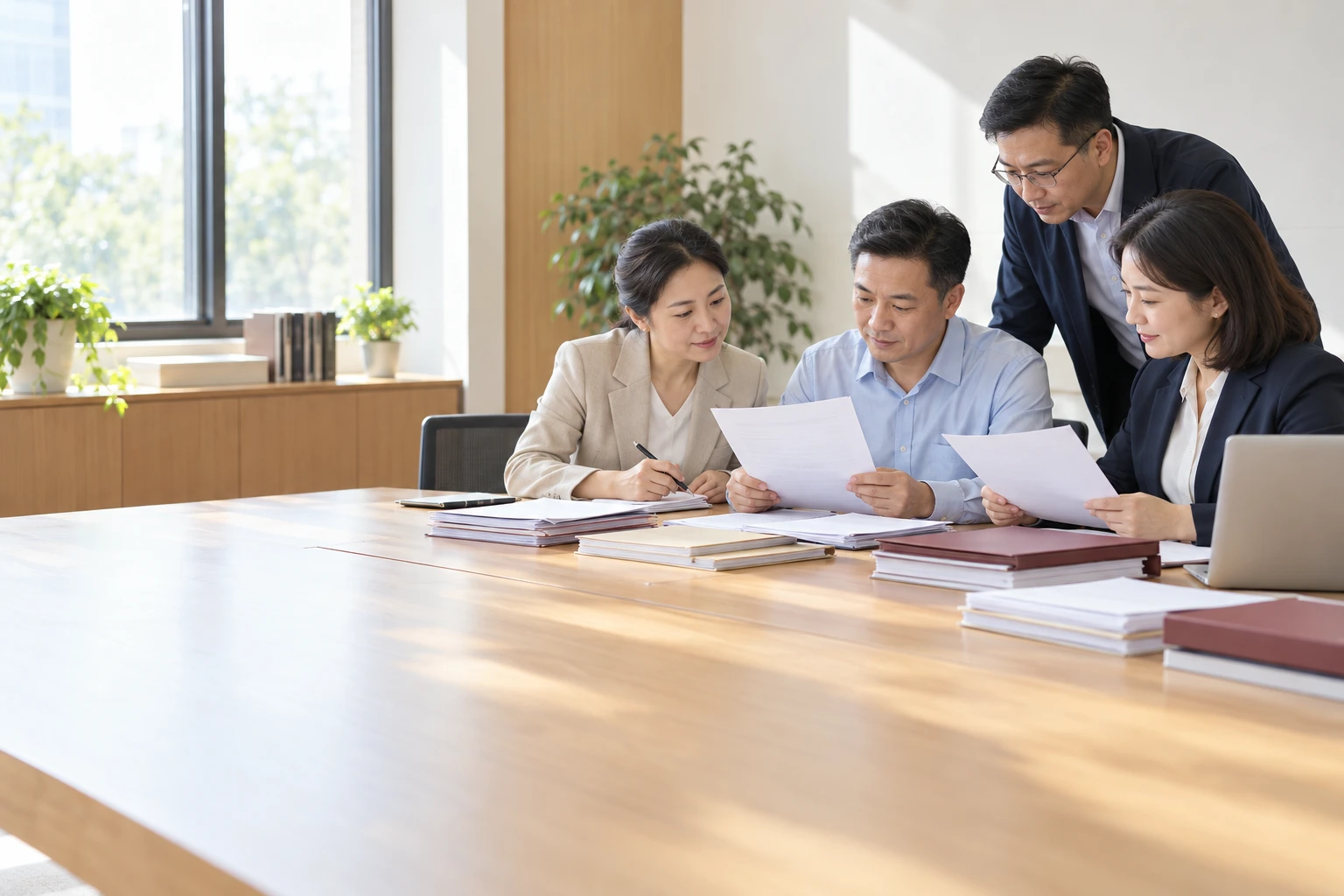 学校人事考核工作人员在明亮小会议室核对年度材料,桌上有序文件无姓名,业务场景示意