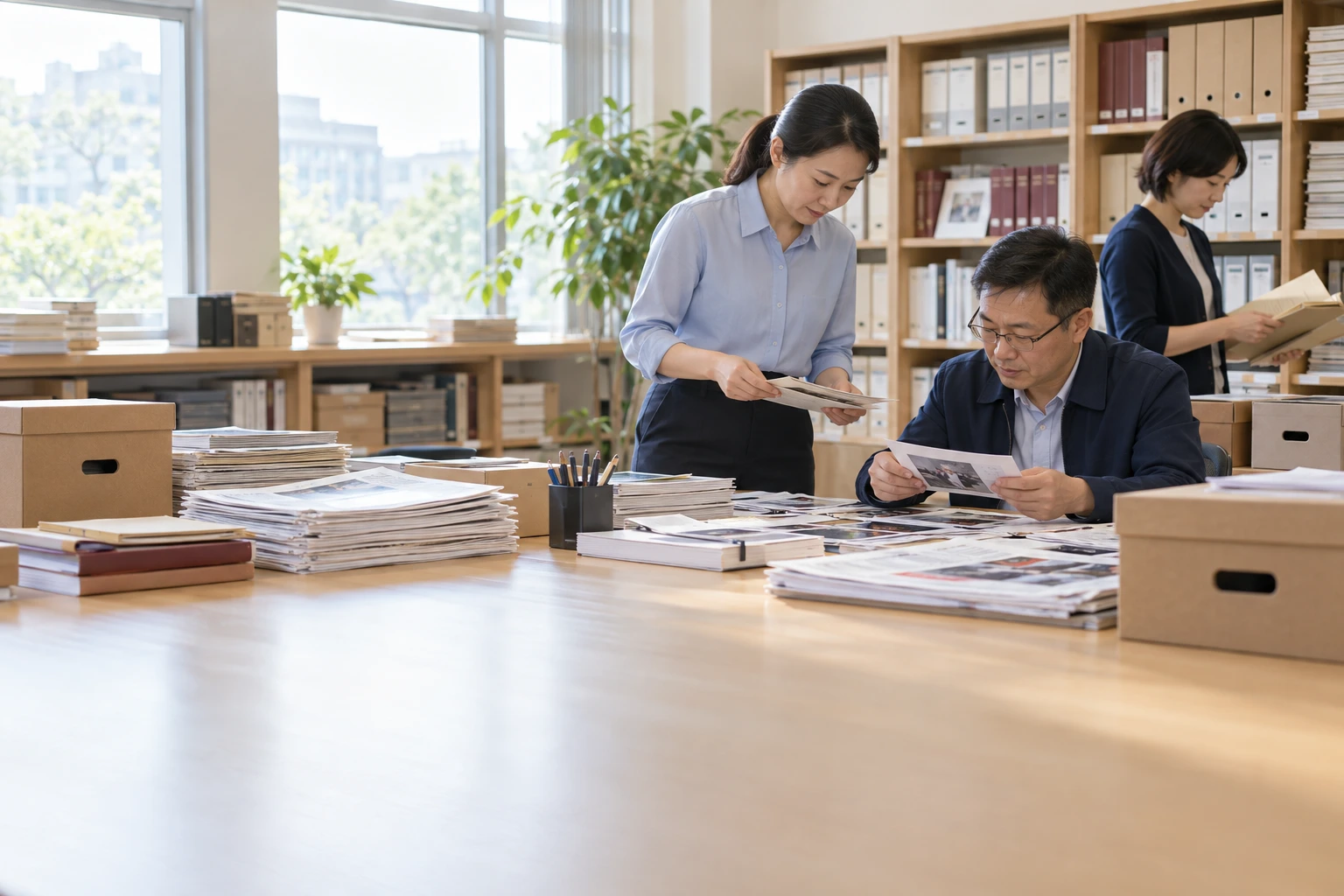 学校编辑人员在明亮资料室整理往期新闻打印件与照片档案,文字不可读,业务场景示意