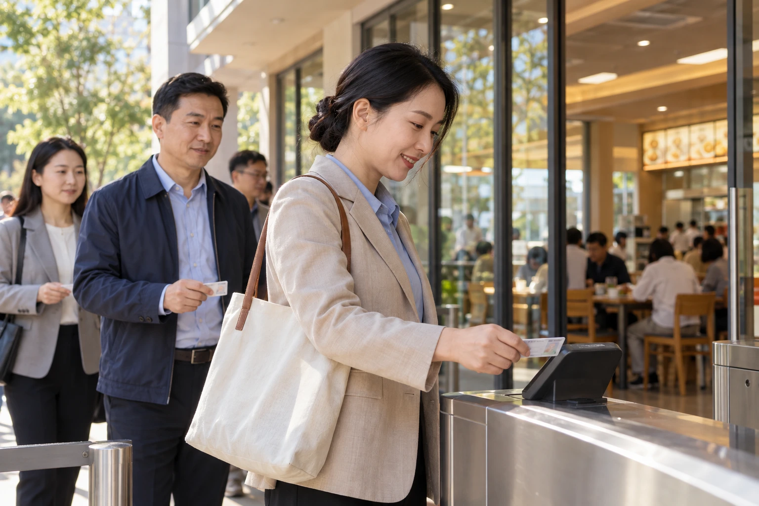 学员在校园食堂前取出自己的校园卡,阳光自然,人文纪实,业务场景示意