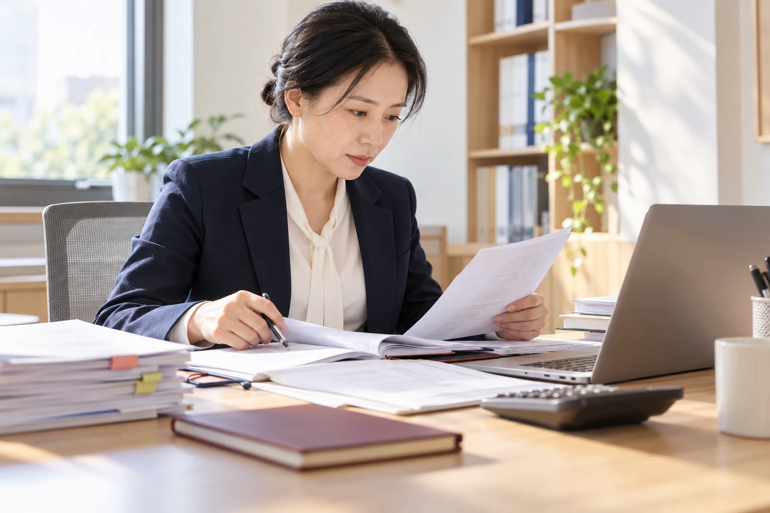账户管理人员在明亮办公室查阅交易资料，桌上凭据与笔记本，真实纪实，业务场景示意