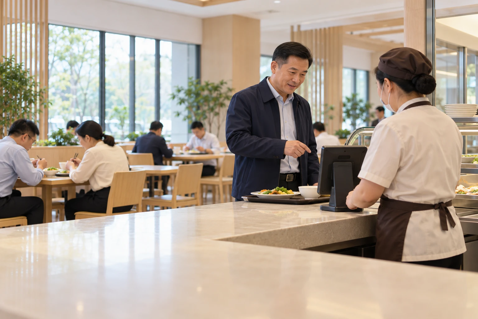 党校食堂服务人员与成年学员友好核对一次消费记录,终端仅见背面,没有可读金额,业务场景示意