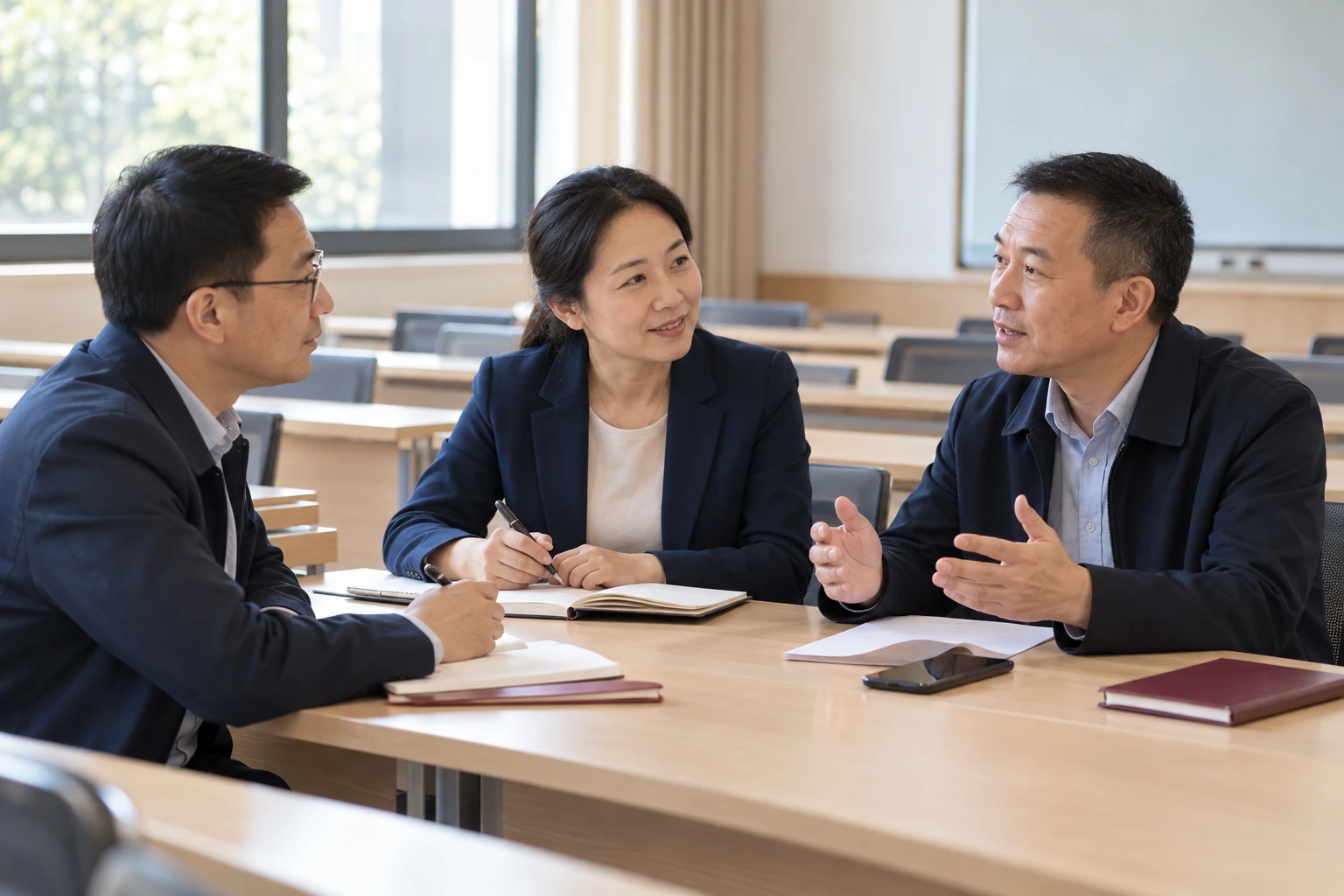 班主任课后与两位学员在教室交流班级话题,手机放在桌面背朝上,业务场景示意