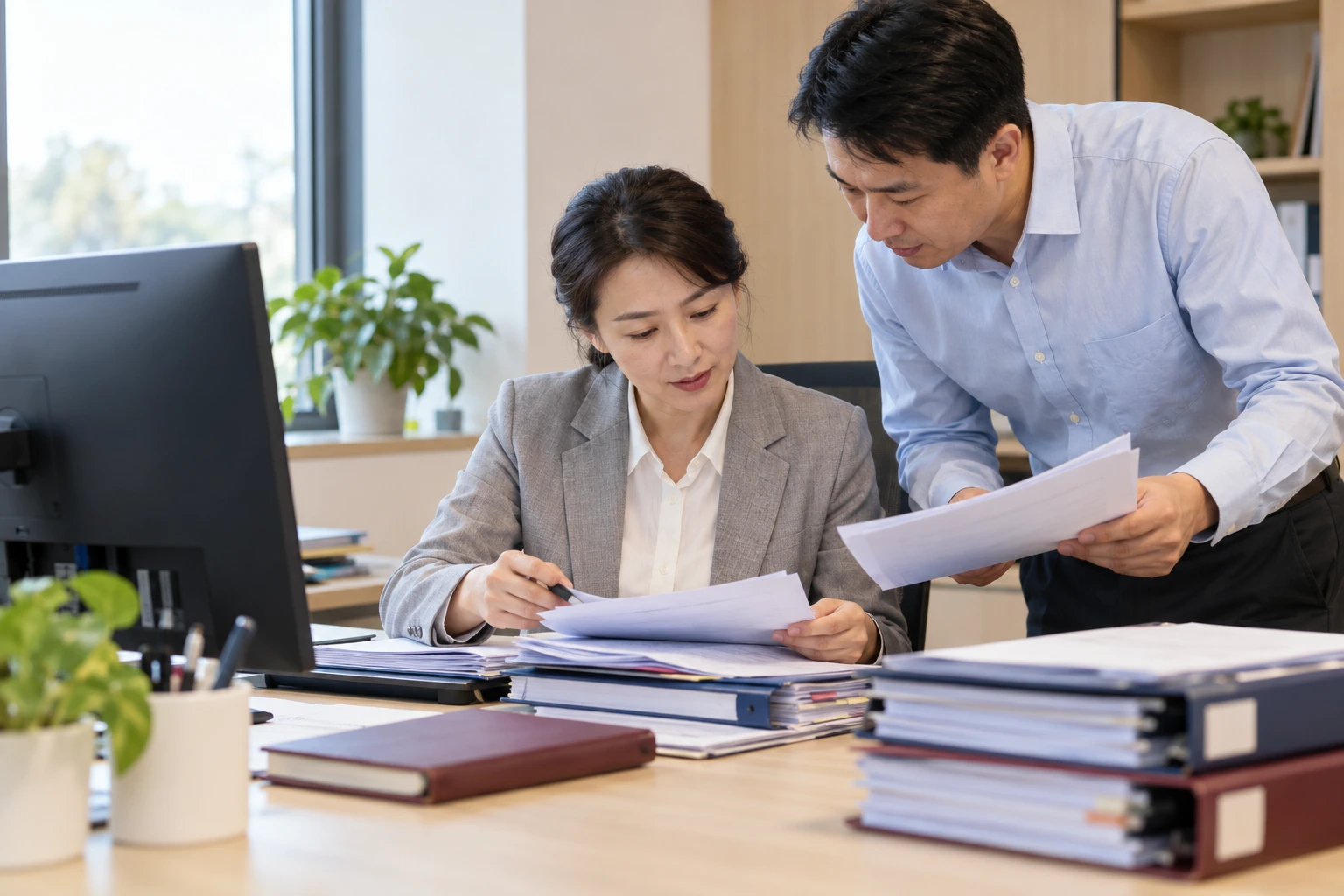 信息中心工作人员在办公桌旁核对不同部门提交的资料目录,显示器背面可见,业务场景示意