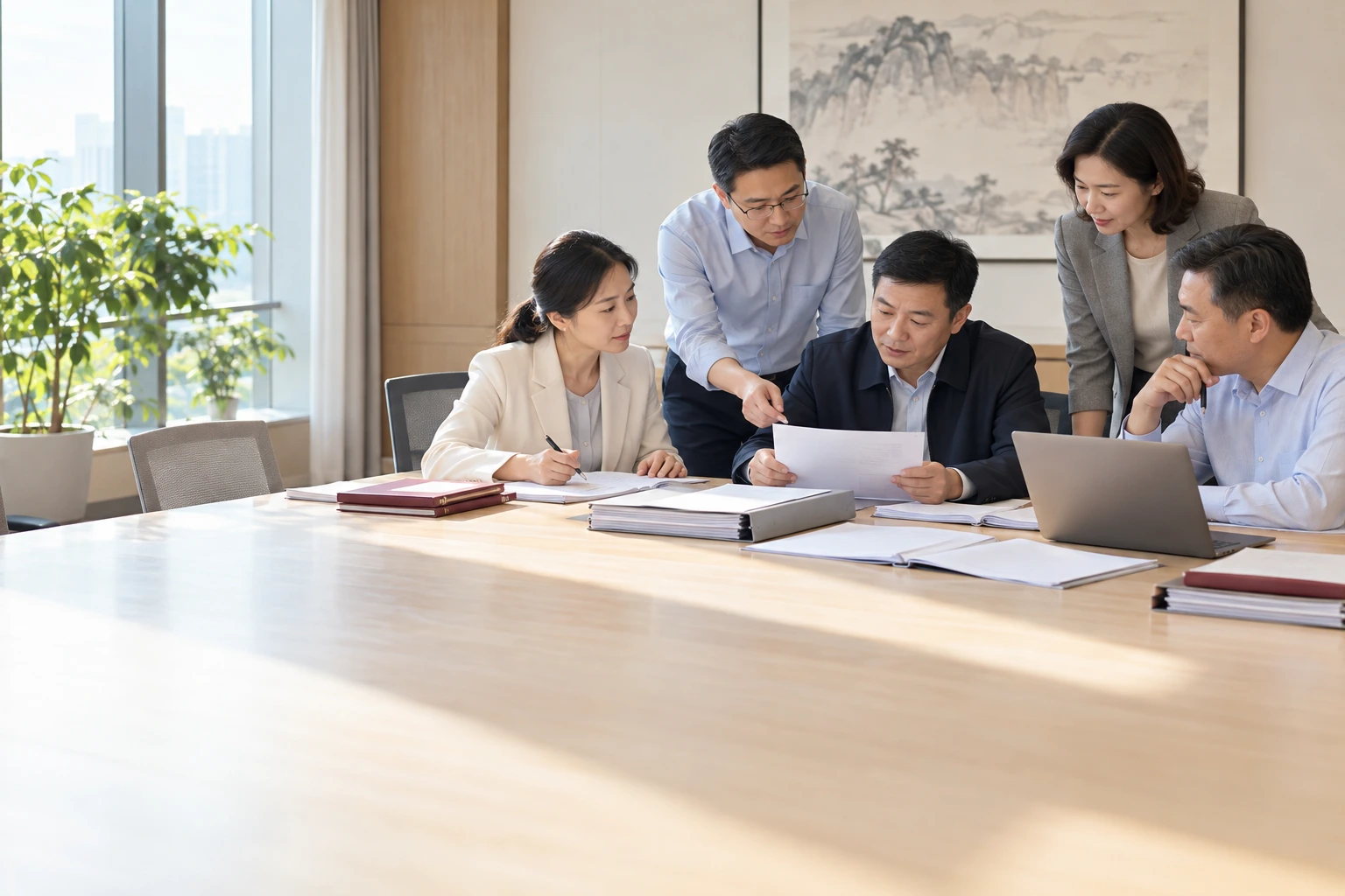 党校信息化团队与业务部门在明亮会议室梳理资料来源,桌上白纸与资料夹,无可读图表,业务场景示意