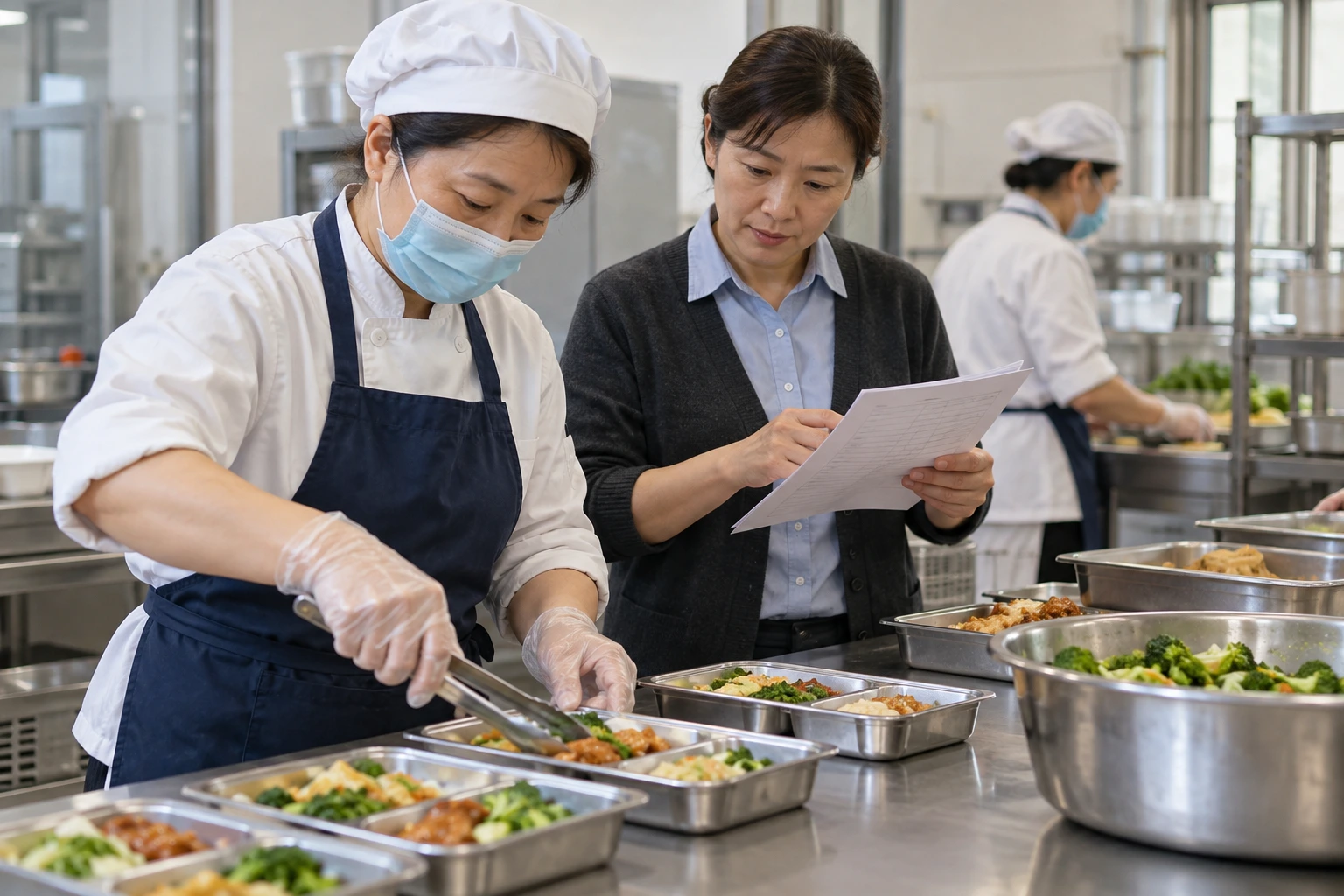 食堂后场整洁备餐台,工作人员准备份餐并核对纸质备餐单,食品卫生真实摄影,业务场景示意
