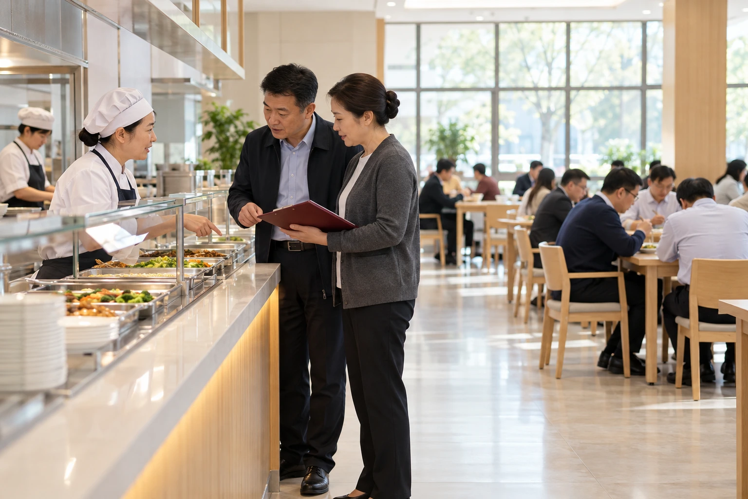 明亮整洁党校食堂,服务人员在供餐前与班级联络人核对餐次安排,成人学员有序就餐,业务场景示意
