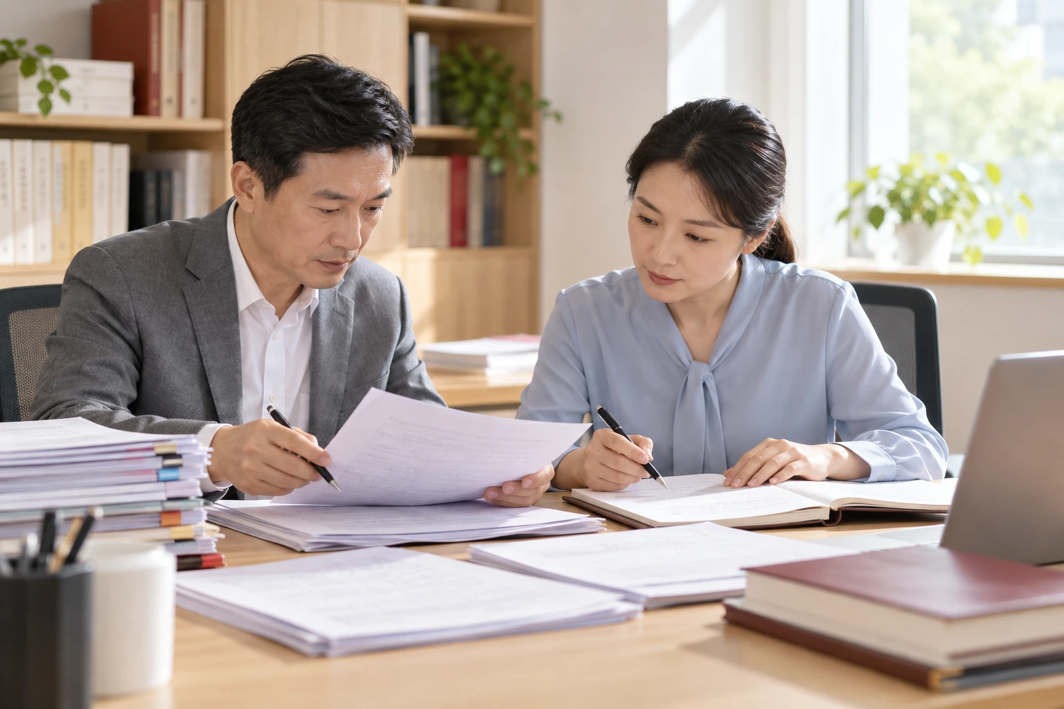两位阅卷教师在明亮办公室核对试卷材料,桌上评分纸和笔记本,专业克制,业务场景示意