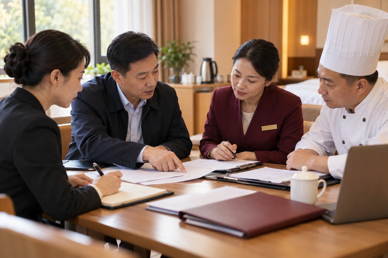 培训保障协调会,教务工作人员与餐饮住宿负责人围坐小桌核对安排,温暖自然纪实,业务场景示意