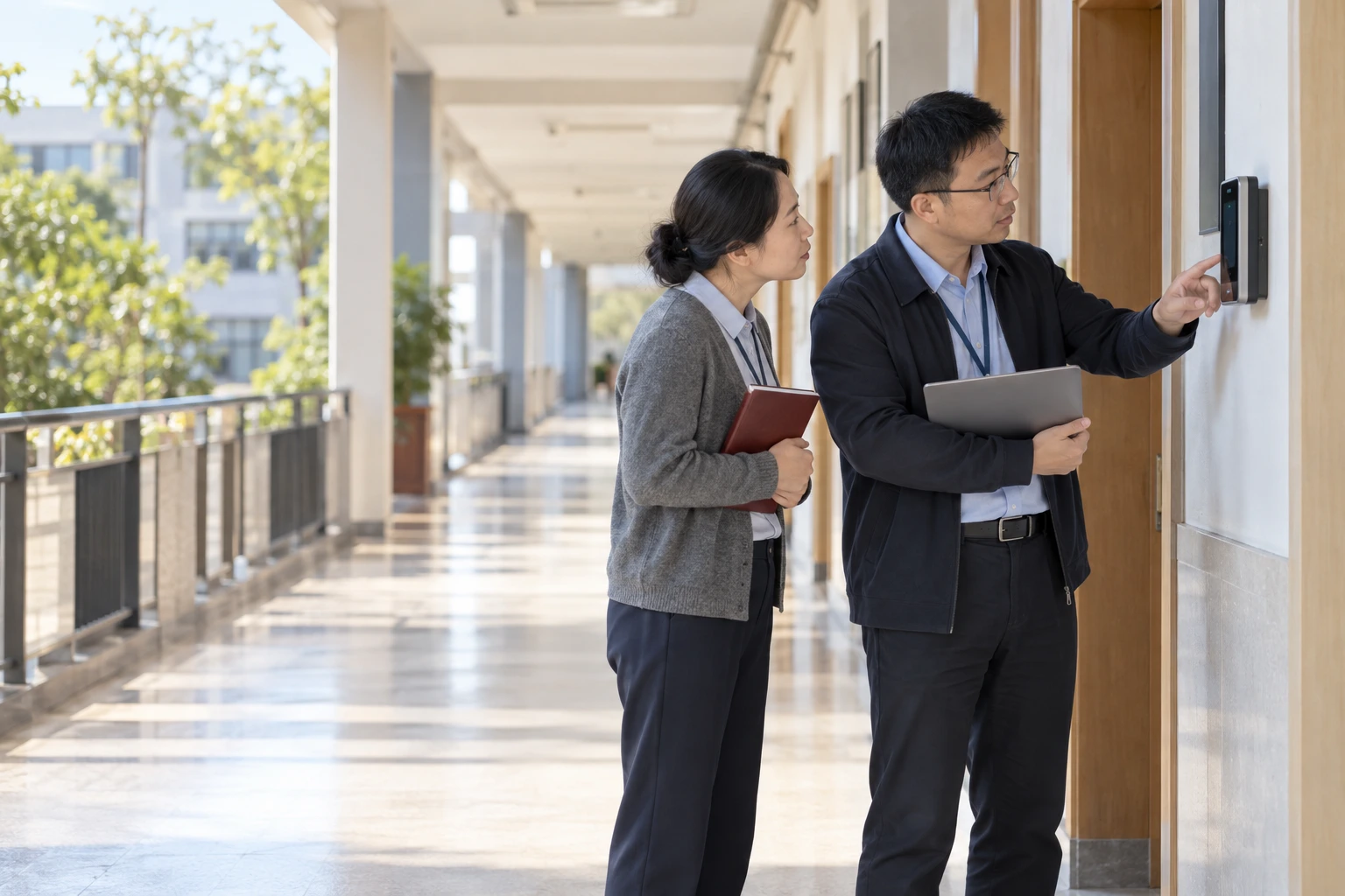 学校信息中心技术人员在教学楼走廊检查一台小型人脸设备,设备正面不展示可读内容,白天自然光,业务场景示意