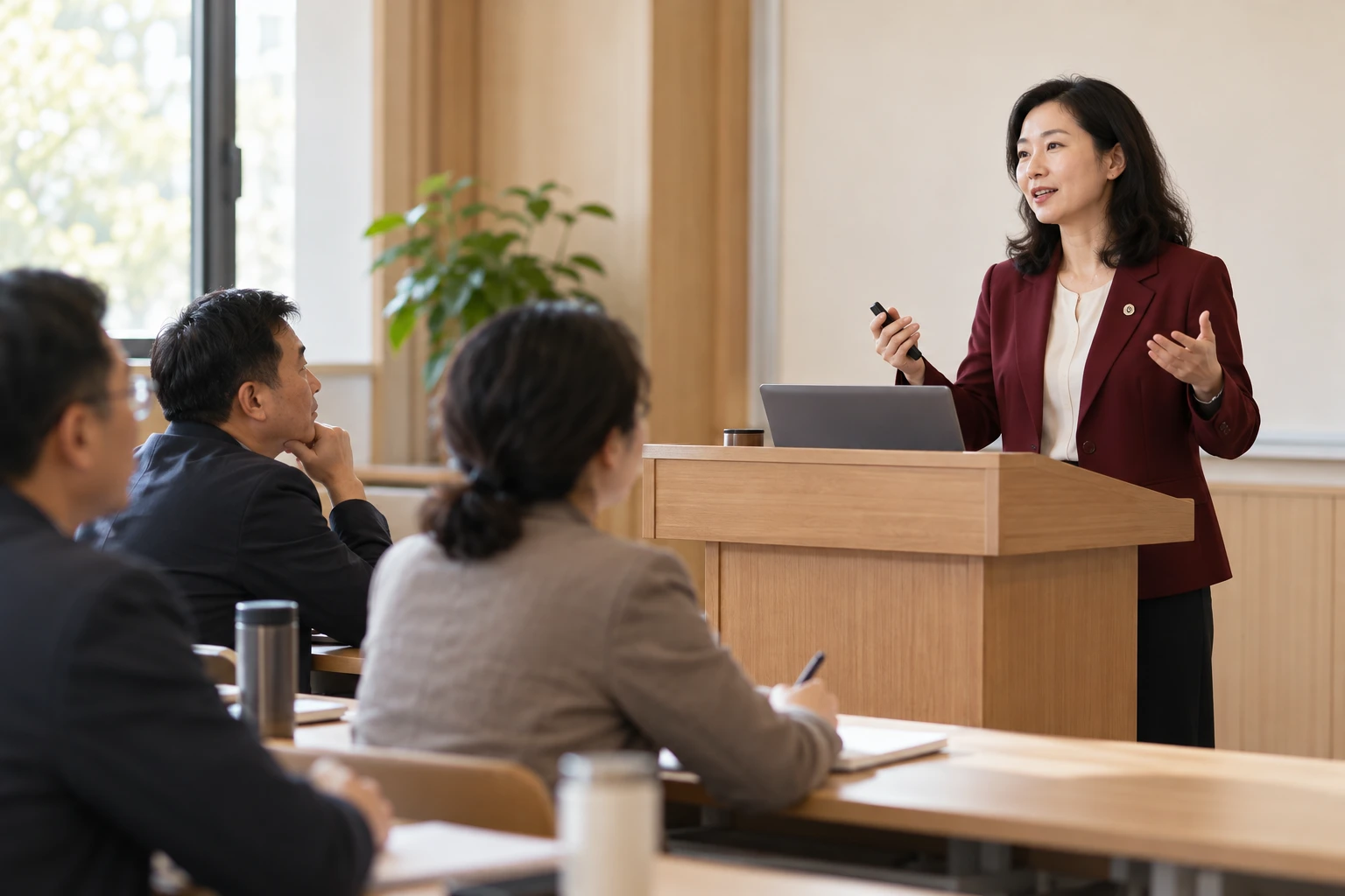 女教师在成人培训课堂面向学员讲解,学员侧面认真听讲,木质讲台与浅米色墙面,业务场景示意