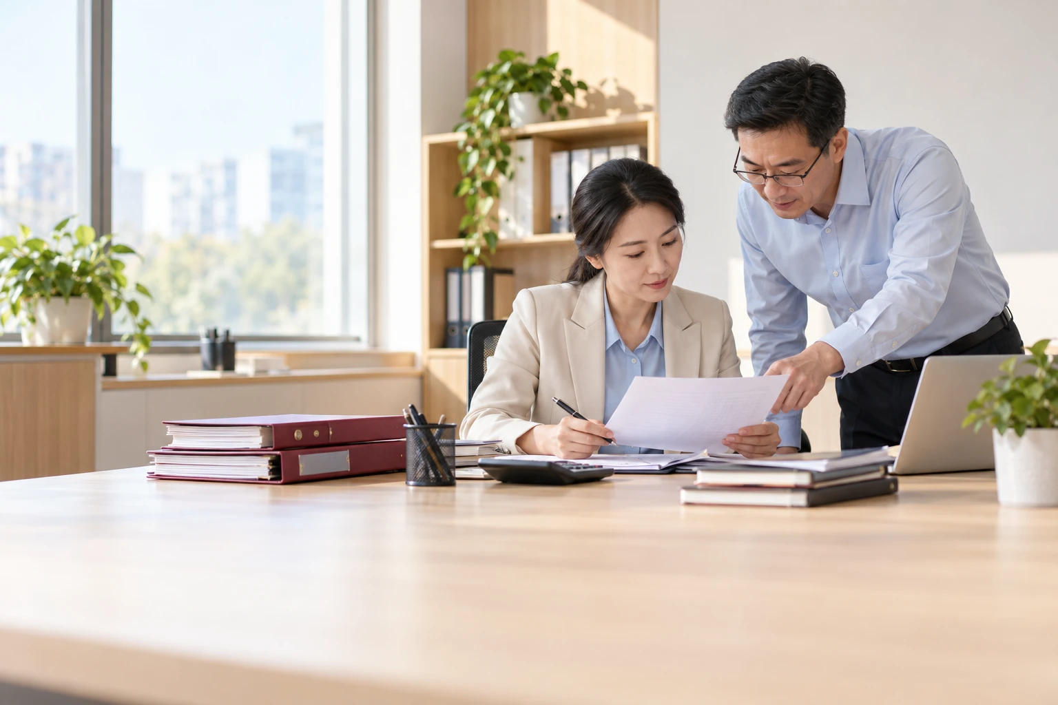 薪资经办人员在安静明亮办公室核对工资资料,桌上文件夹与计算器,不展示任何真实金额姓名,业务场景示意