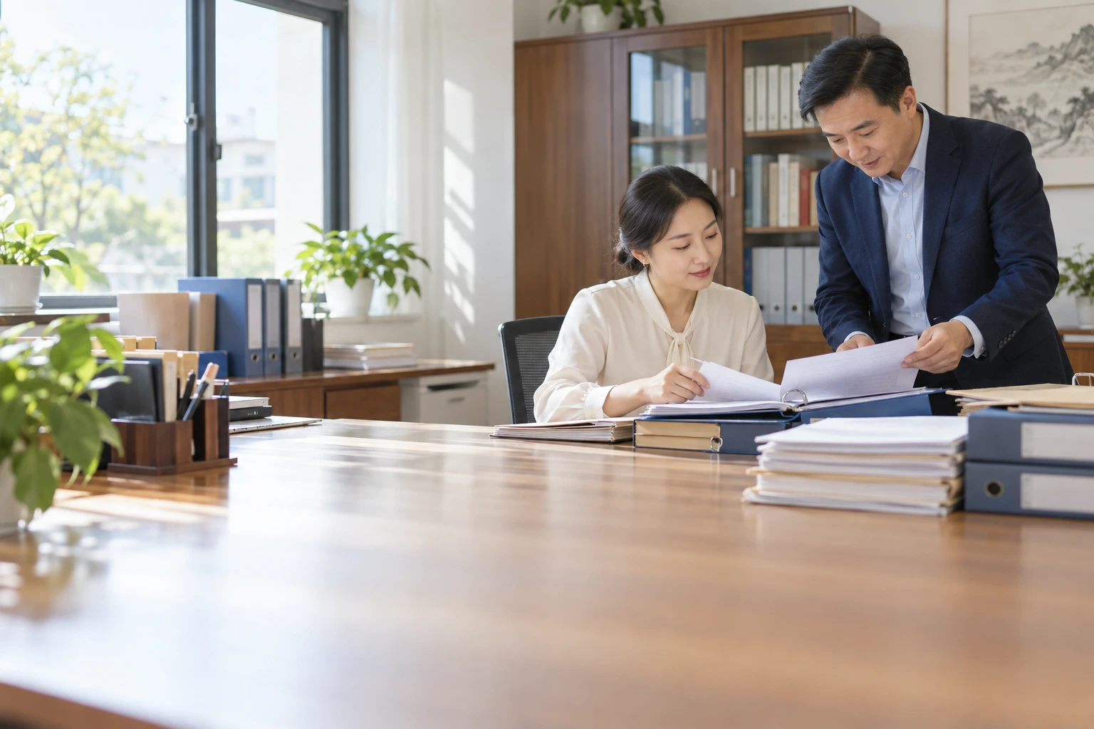 人事工作人员在明亮校内办公室为教职工核对档案材料,文件夹有序摆放,无可读姓名,业务场景示意