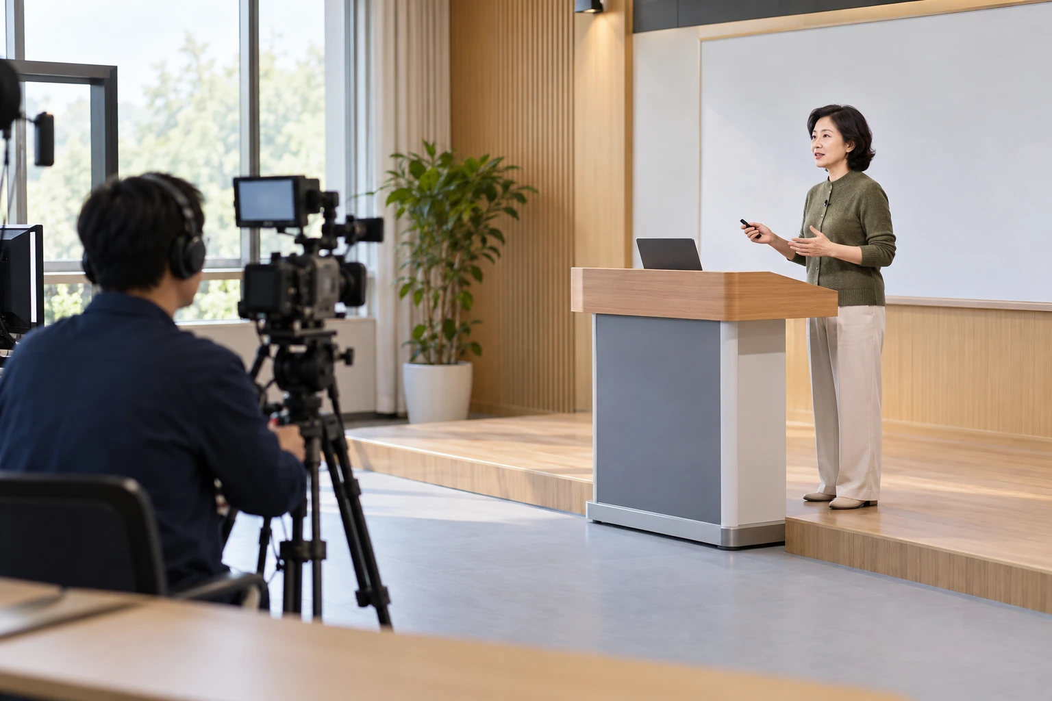 教师在明亮简洁录播教室面向摄像机讲课,侧面机位,背景无可读文字,设备真实克制,业务场景示意