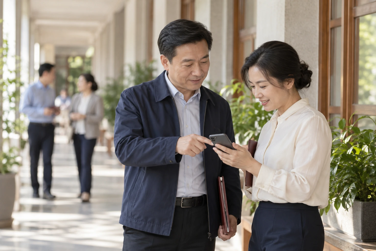 校园走廊里职工边与同事交流边查阅手机,一旁有绿植,柔和日光,业务场景示意