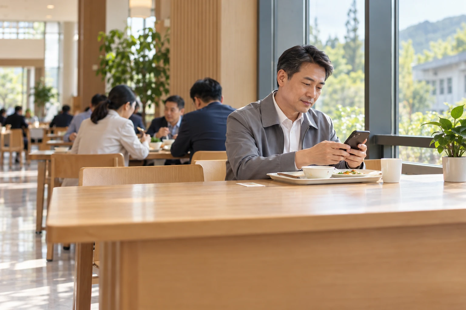 成年学员在党校食堂餐后坐在靠窗位置查看手机,桌上整洁餐盘与普通白卡,屏幕不可见,业务场景示意