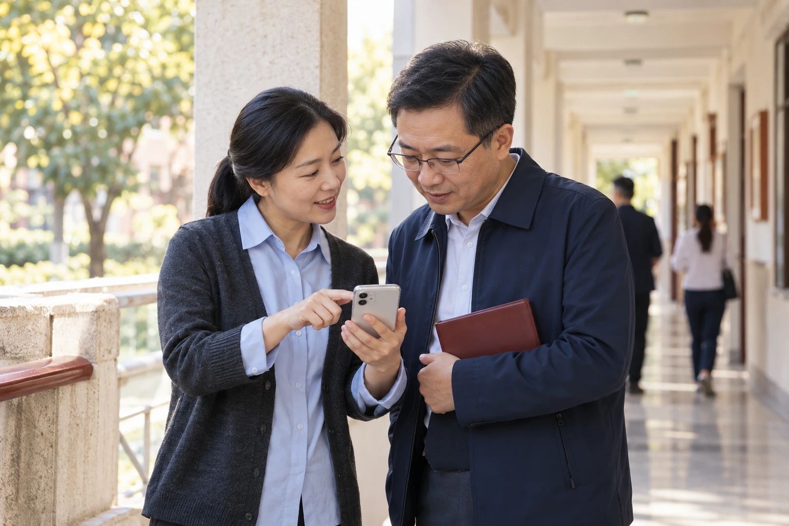 班主任在校园走廊与学员交流手机服务使用方式,温暖友好,手机背面可见,业务场景示意