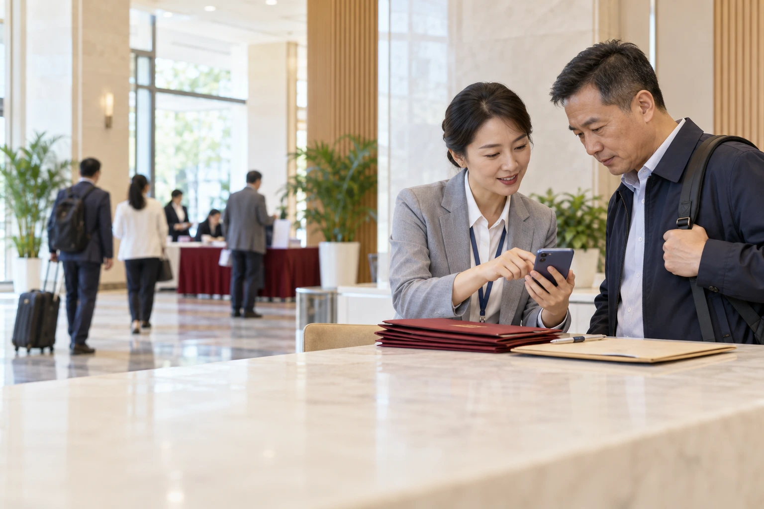 班主任在党校报到大厅使用手机协助成年学员,桌上少量资料袋,屏幕不可见,业务场景示意