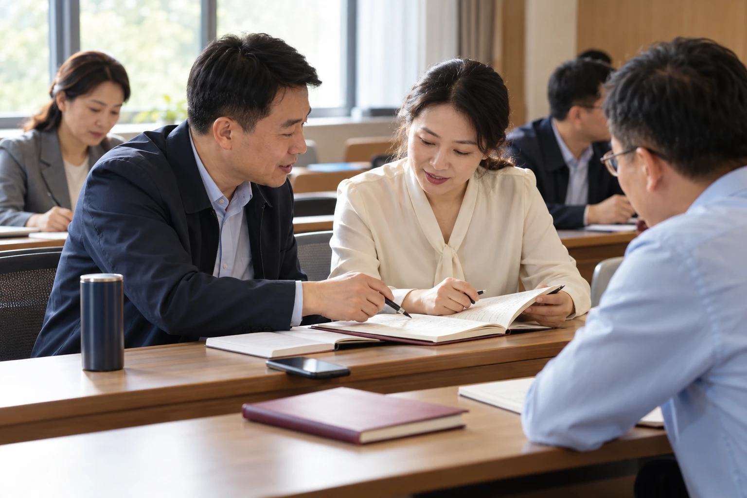 学员在教室课后与同伴交流作业和课程笔记,手机放桌面背朝上,业务场景示意