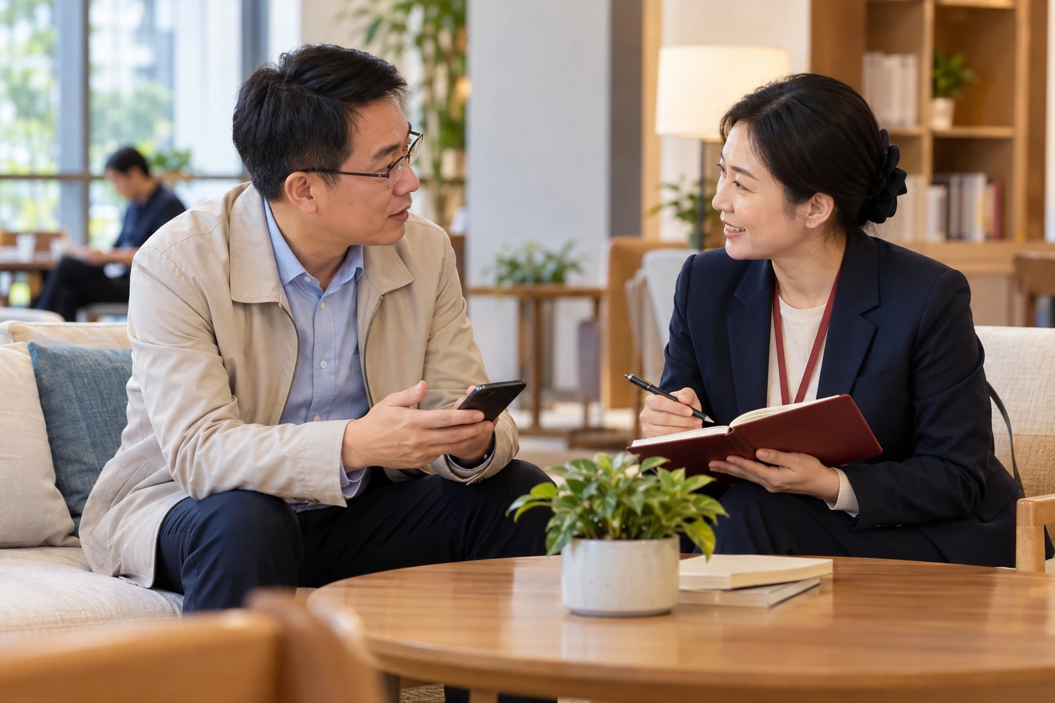 学员在公寓公共休息区向班主任咨询校园服务,两人自然交流,手机不可读,业务场景示意