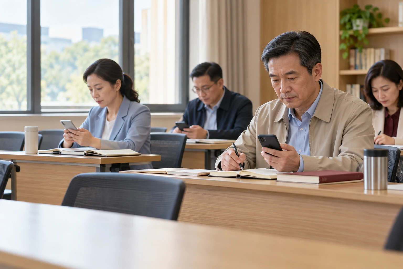 成年学员在党校教室课后安静使用手机完成学习事项,桌上讲义和笔记,屏幕背面可见,业务场景示意