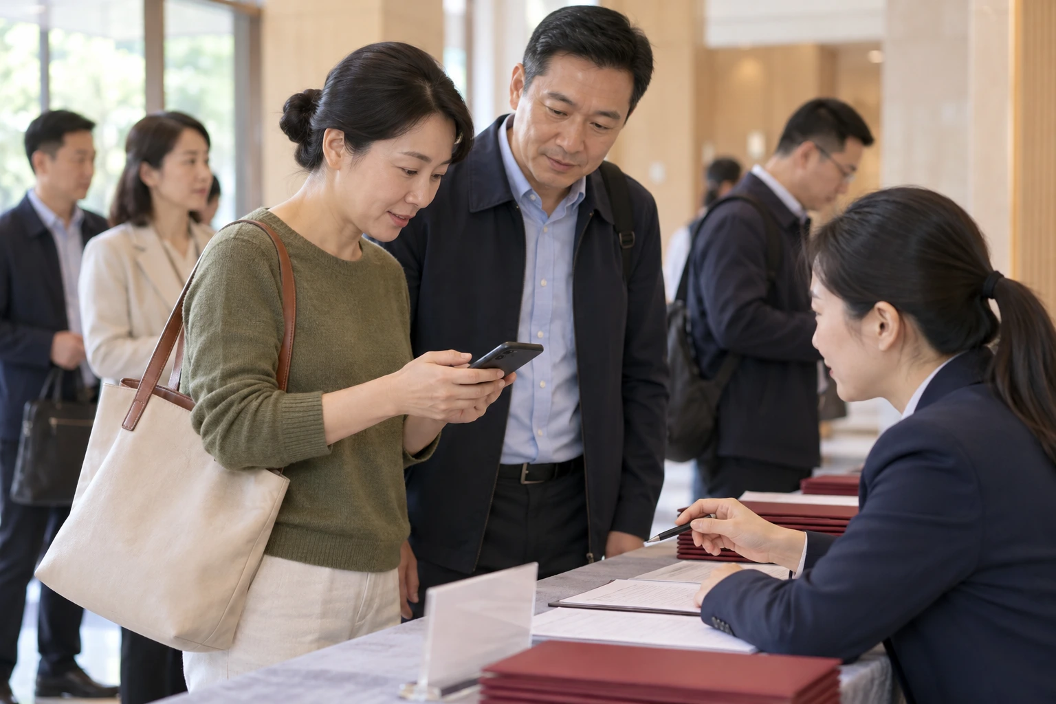开班报到现场教务人员手持手机与工作人员核对学员到场情况,无可读名单,业务场景示意