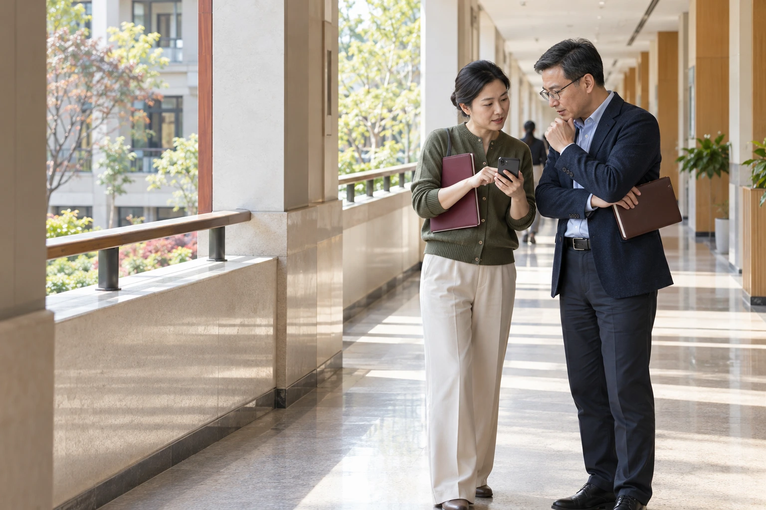 班主任在党校教学楼走廊边查看手机边与教师交流当日安排,手机屏幕背朝镜头,业务场景示意