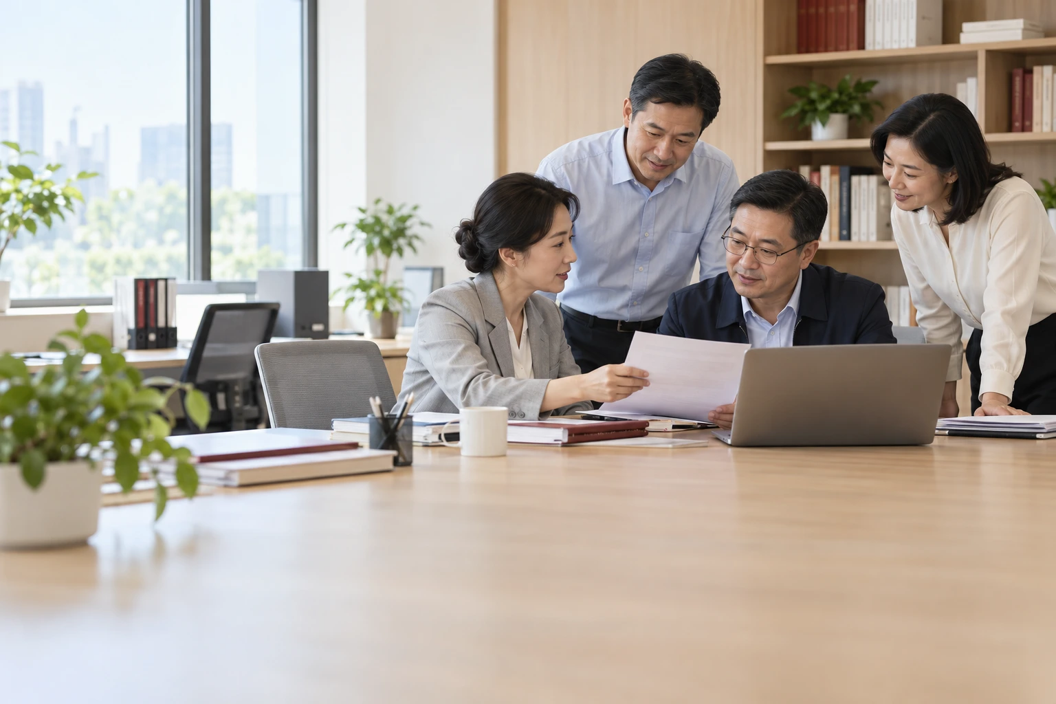 党校行政人员在明亮办公室交流一项跨部门申请,桌上少量材料,电脑屏幕不可见,业务场景示意