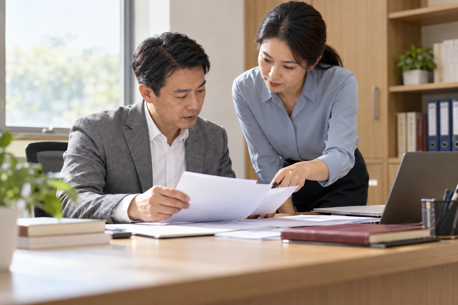 行政经办人与管理员共同核对办公用章说明资料,纸张无可读内容,无印章实物,业务场景示意
