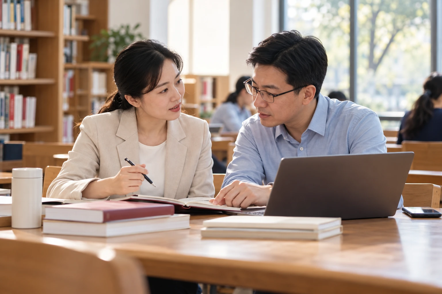 两位学员在校园阅览桌旁互相交流学习任务,手机屏幕不可见,自然日间光,业务场景示意