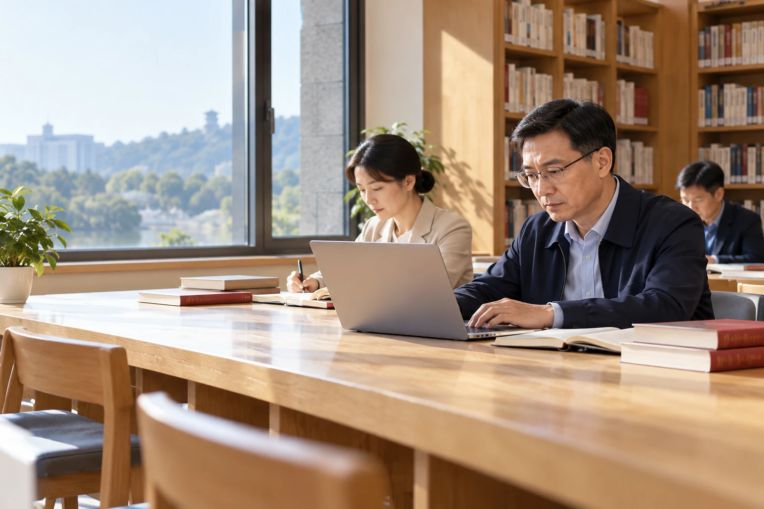 成年学员在党校图书馆窗边使用电脑学习,屏幕背朝镜头,书与手写笔记整洁摆放,业务场景示意
