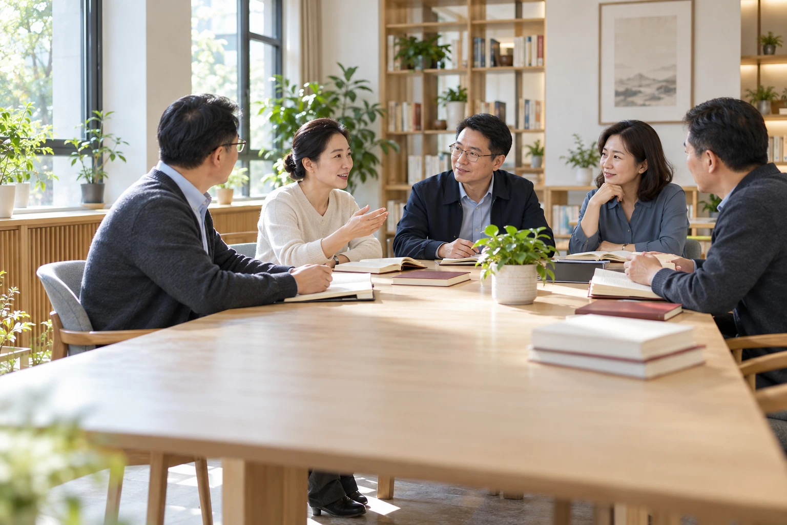 党校机关支部成员在温暖明亮活动室开展读书交流,成年人围桌讨论,书籍封面无可读文字,无旗帜徽标,业务场景示意