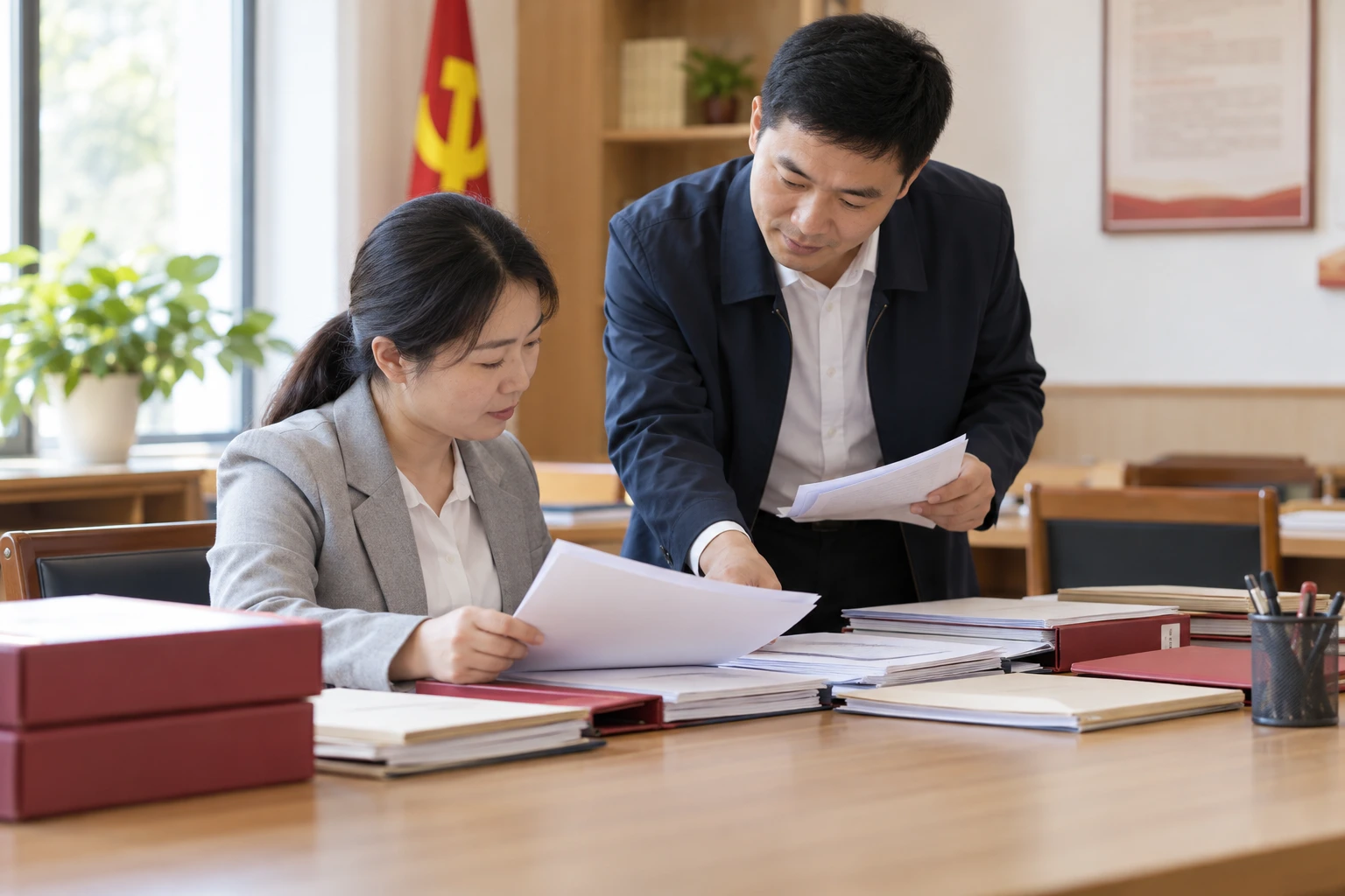 两位党务工作人员在活动室整理人员资料和会议文件,简洁真实摄影,业务场景示意