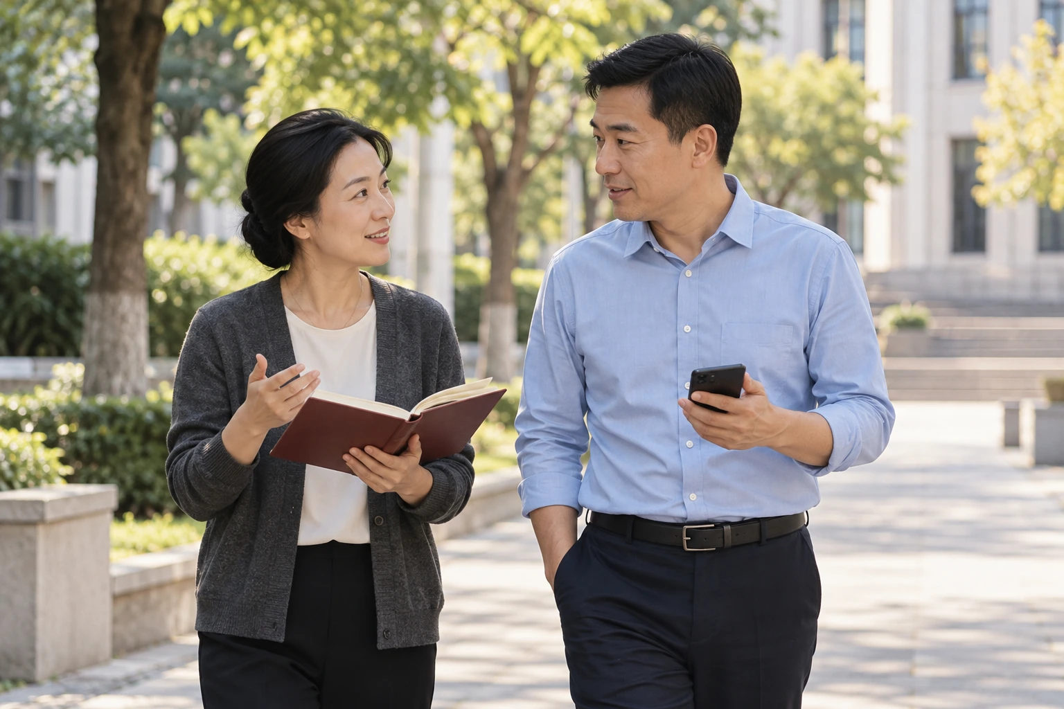 两位成年支部成员在校园步道交流学习内容,一人拿书一人手持手机,屏幕不可见,业务场景示意