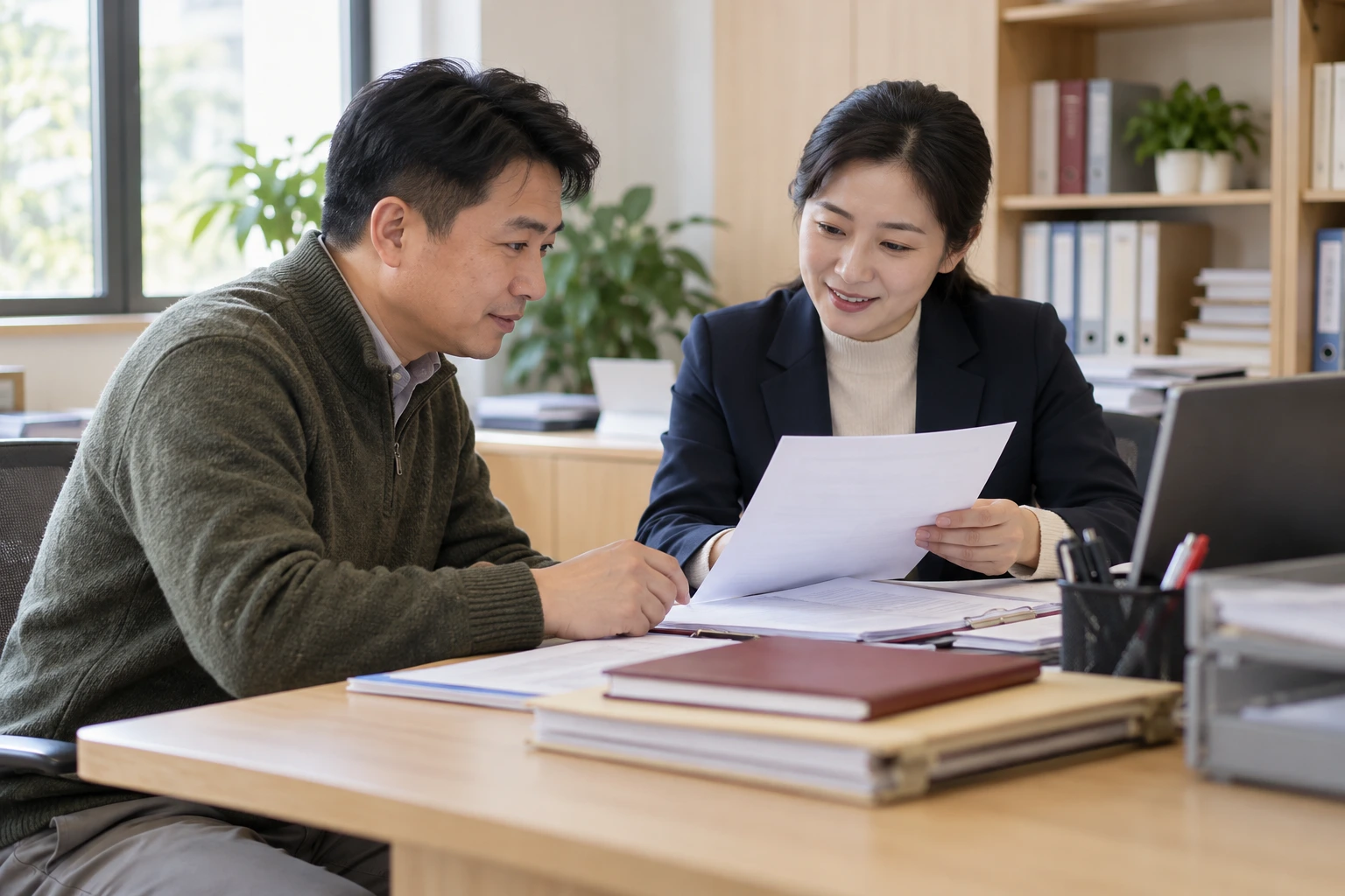 职工在校内办公室与人事经办人友好核对履历资料,自然纪实,业务场景示意