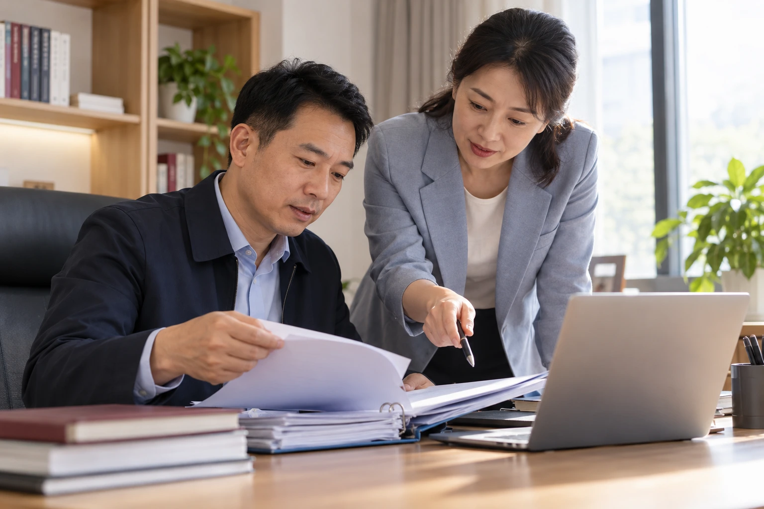 项目沟通双方在办公室共同核对需求资料夹,电脑仅见背面,真实自然,业务场景示意