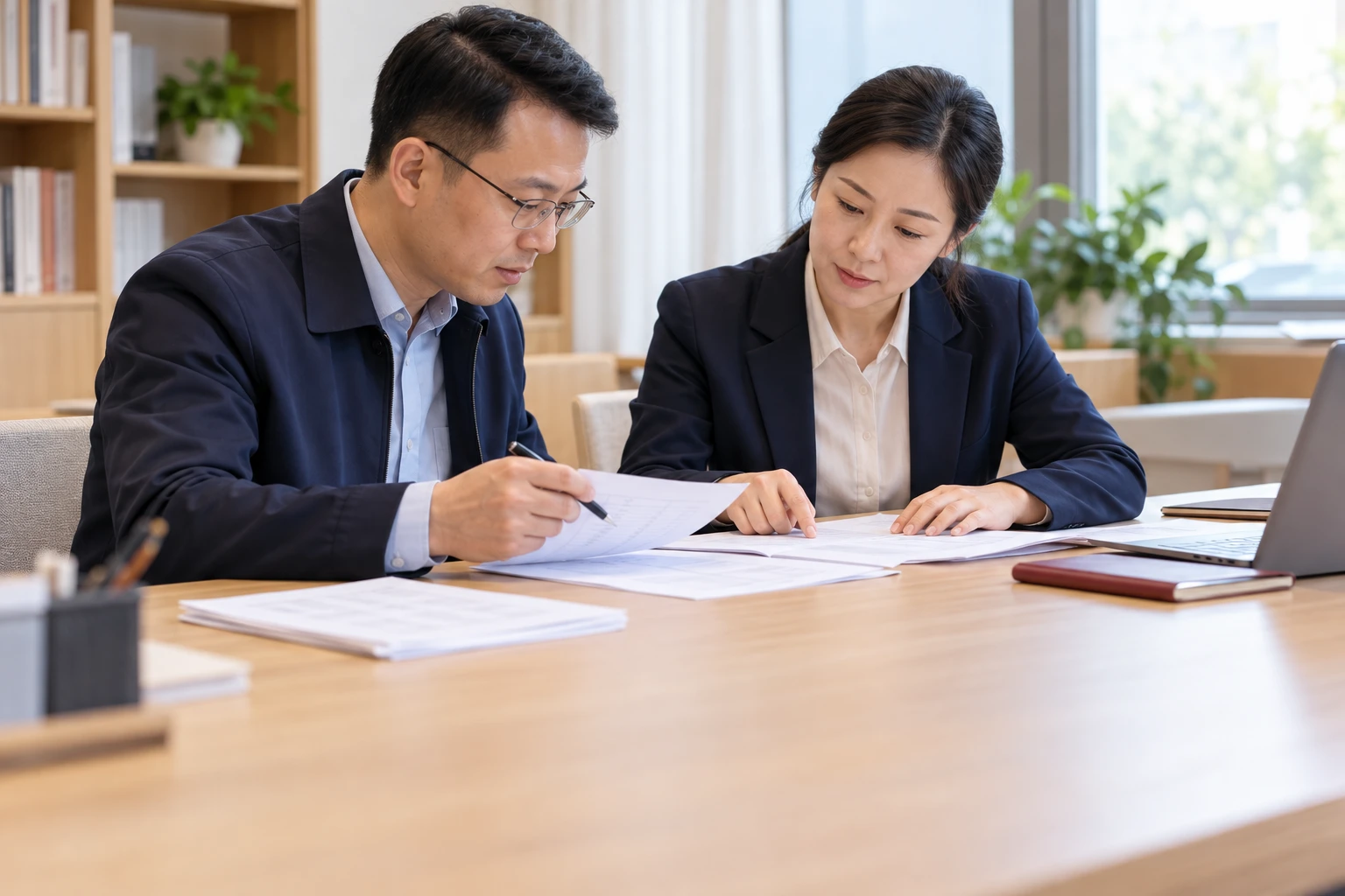 送训单位经办人与学校工作人员在桌旁共同核对报名名单,纸张只有不可读的浅色排版,业务场景示意