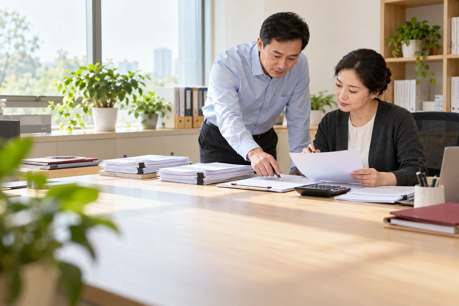 学校薪资经办人与同事在明亮办公室核对本月发放资料,桌上无字清单和计算器,业务场景示意