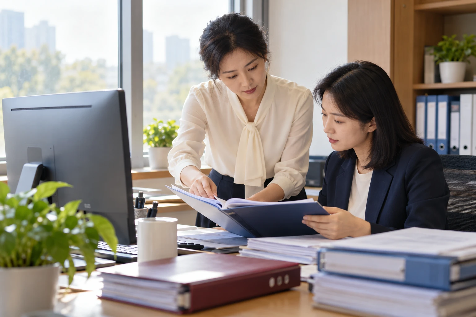 两位薪资工作人员在窗边办公桌核对工资构成资料夹,屏幕背面可见,业务场景示意
