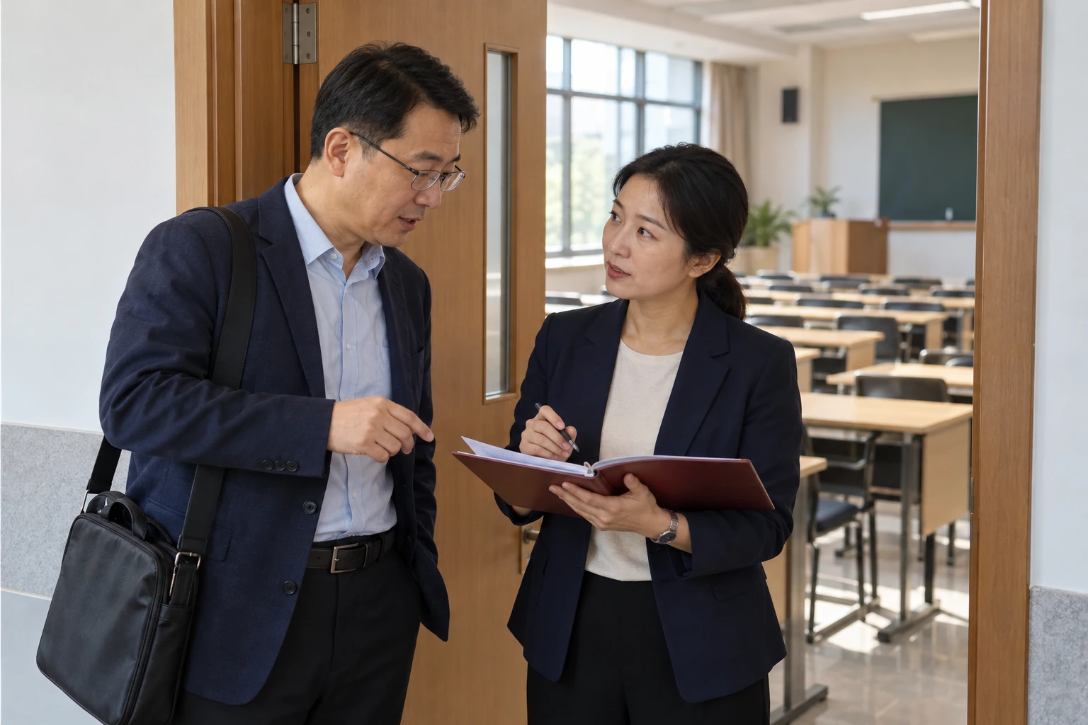 教师在教室门口与班主任确认本堂课程,背景可见整齐课桌,生活化摄影,业务场景示意