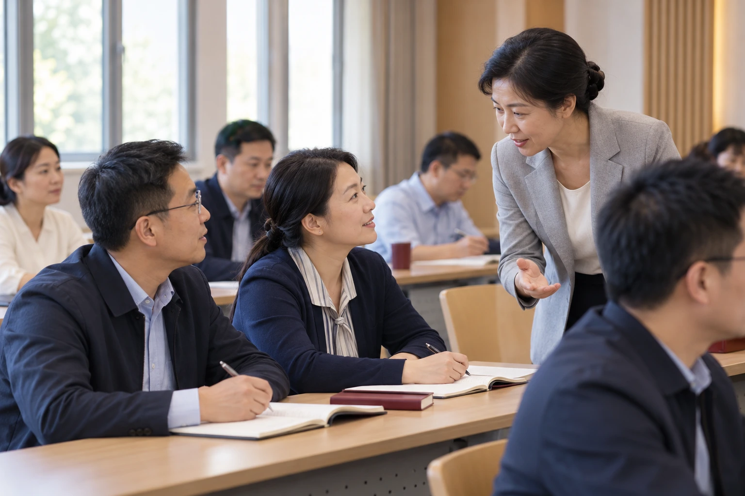 职工在校内培训课堂参加专业学习,侧面视角,成年学员与教师自然互动,业务场景示意