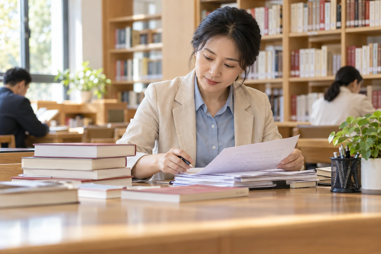 班主任在图书阅览室桌旁整理借阅清单和几本书，温暖自然光，业务场景示意