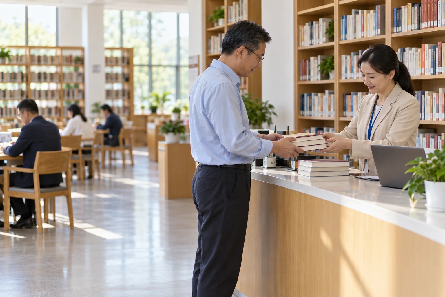 党校图书服务台工作人员与成年学员核对归还的书籍,明亮书架背景,书名不可读,业务场景示意
