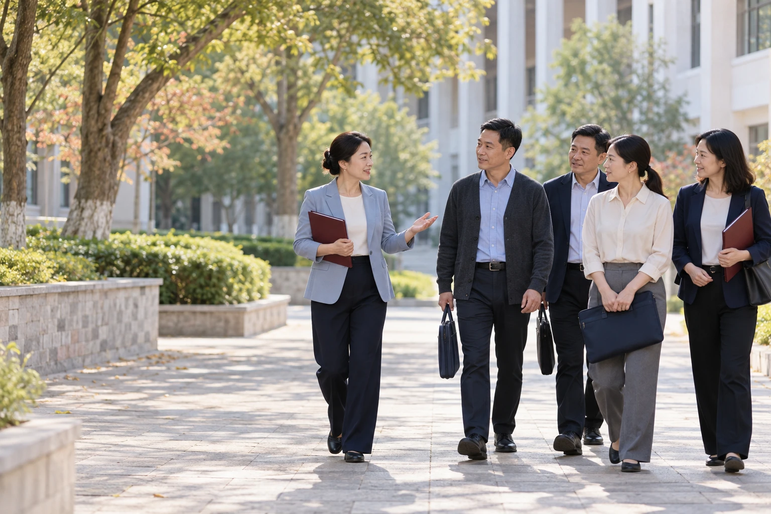 班主任在党校校园步道向几位新入学成年学员介绍学习安排,学员携带简洁资料袋,业务场景示意