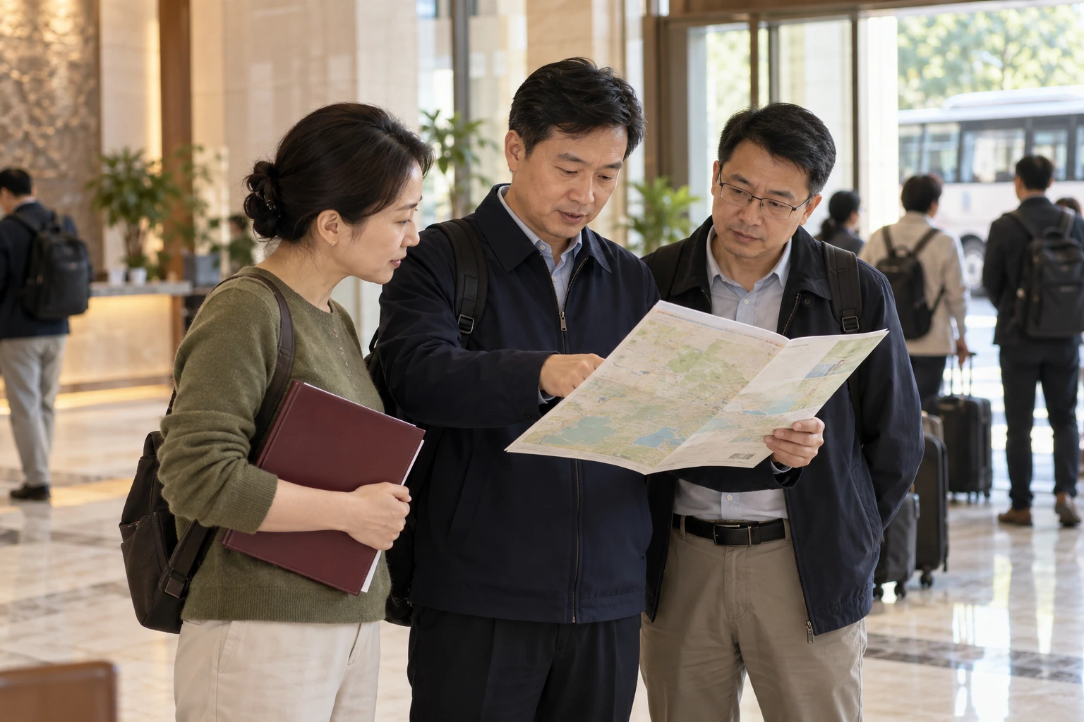 带队教师在出发前与同事在校园门厅核对行程资料,手持地图式无字资料册,业务场景示意